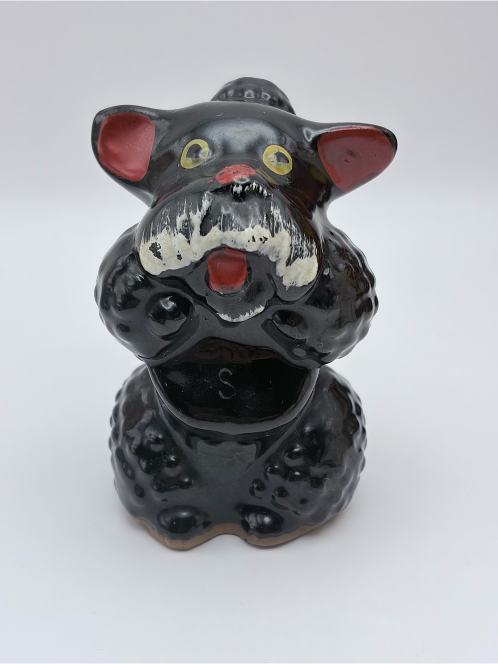 Vintage, 1950’s, Redware, Painted, Black Poodle, Salt Shaker with Cork, 4” Tall